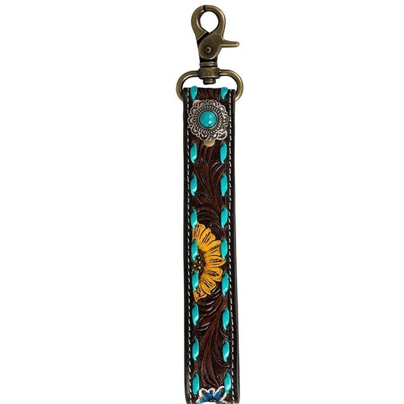 Myra Swim Accessories - Myra Bag Sunflower Sunrise Keychain FOB Turquoise  Yellow Tooled Leather S-7547